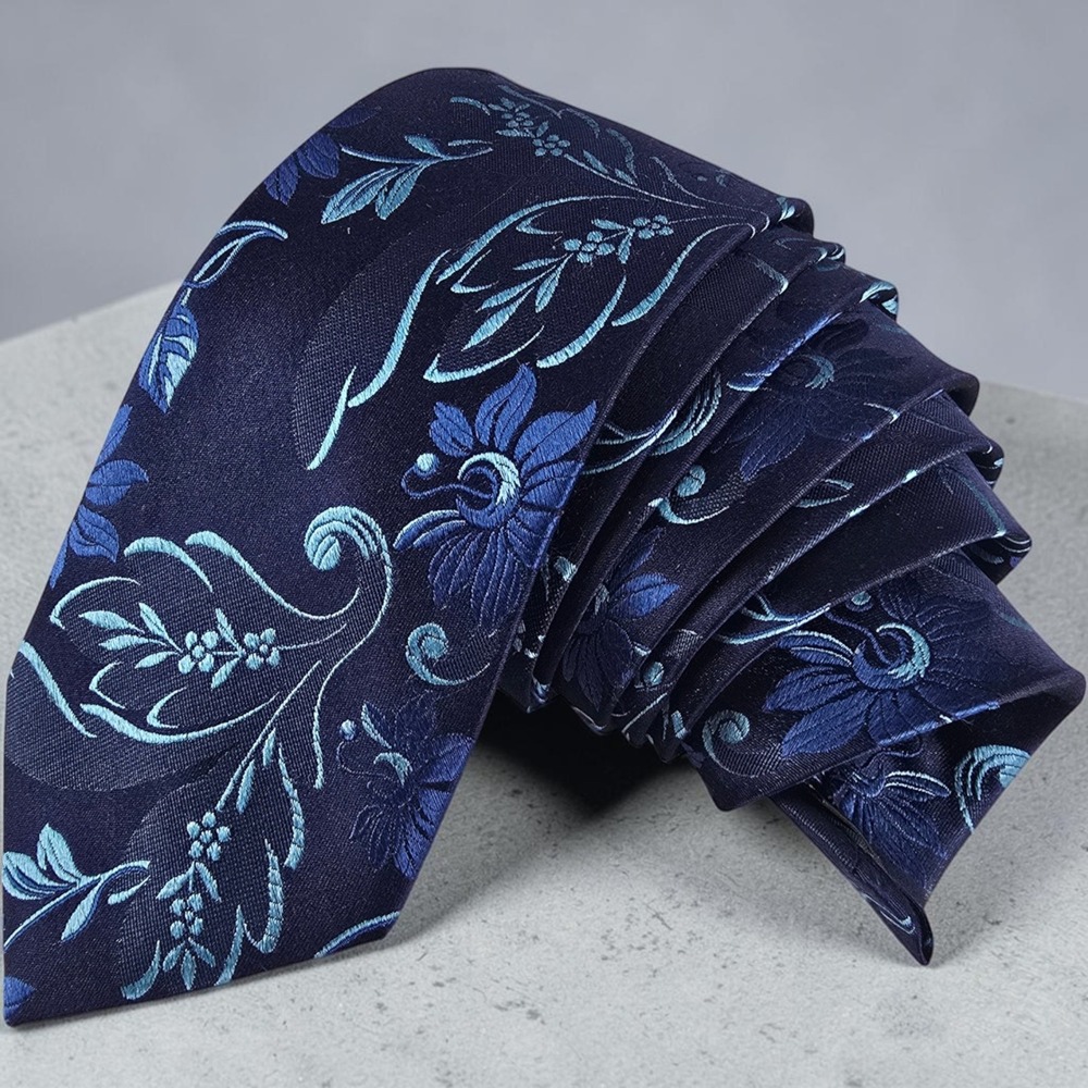 JS Blank Co New York Mens Silk Tie Navy Blue Floral Jacquard 61L x 3W Necktie